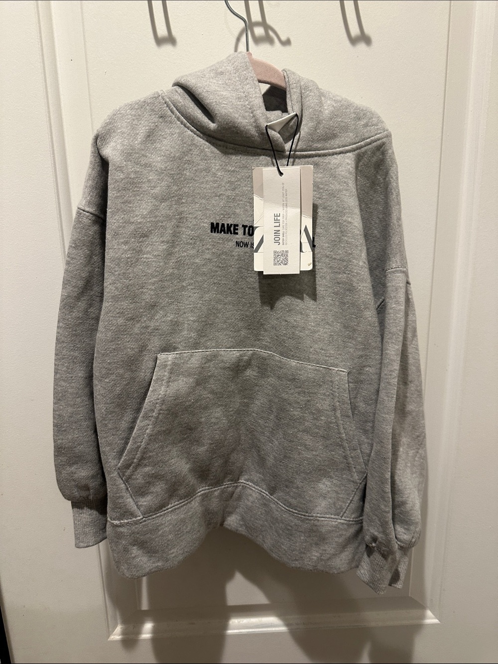Zara Light Gray Pullover Hoodie with Front Pocket and Logo Tags